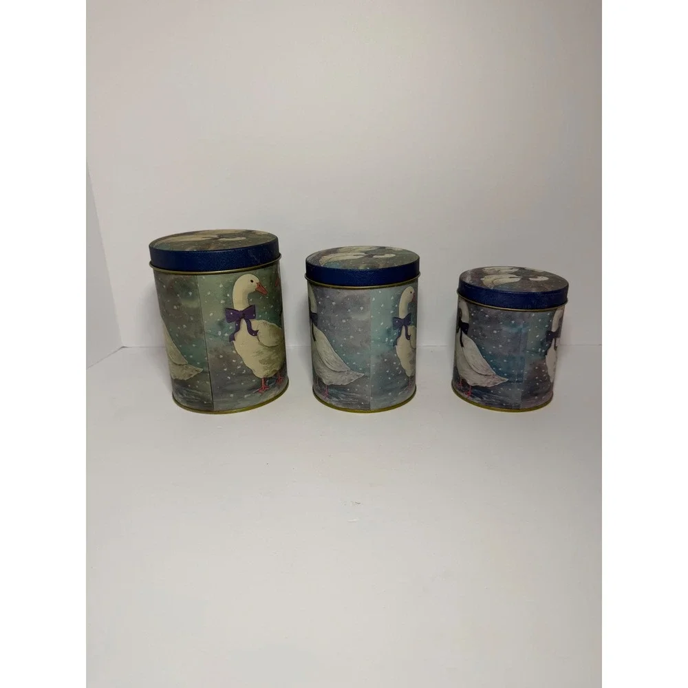Vintage Snow Geese Nesting Tin Canisters Set of 3 Blue Ribbon Cottagecore Decor